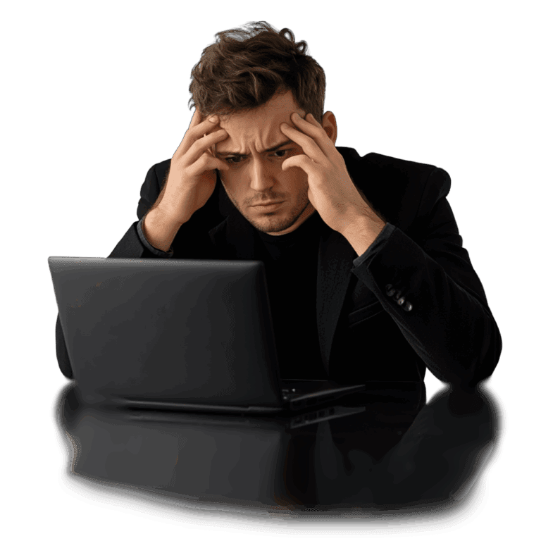frustrated business man in black jacket on laptop - transparent