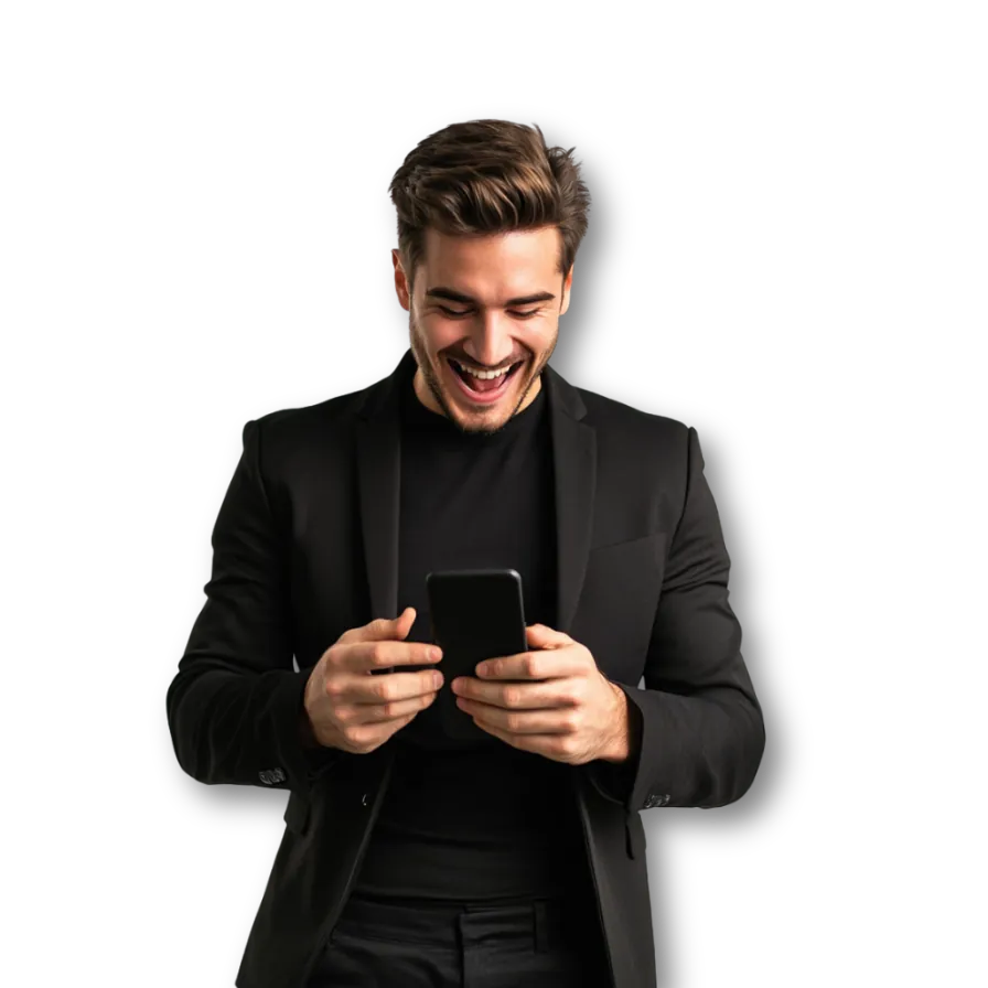 Man looking excited wearing black suit
